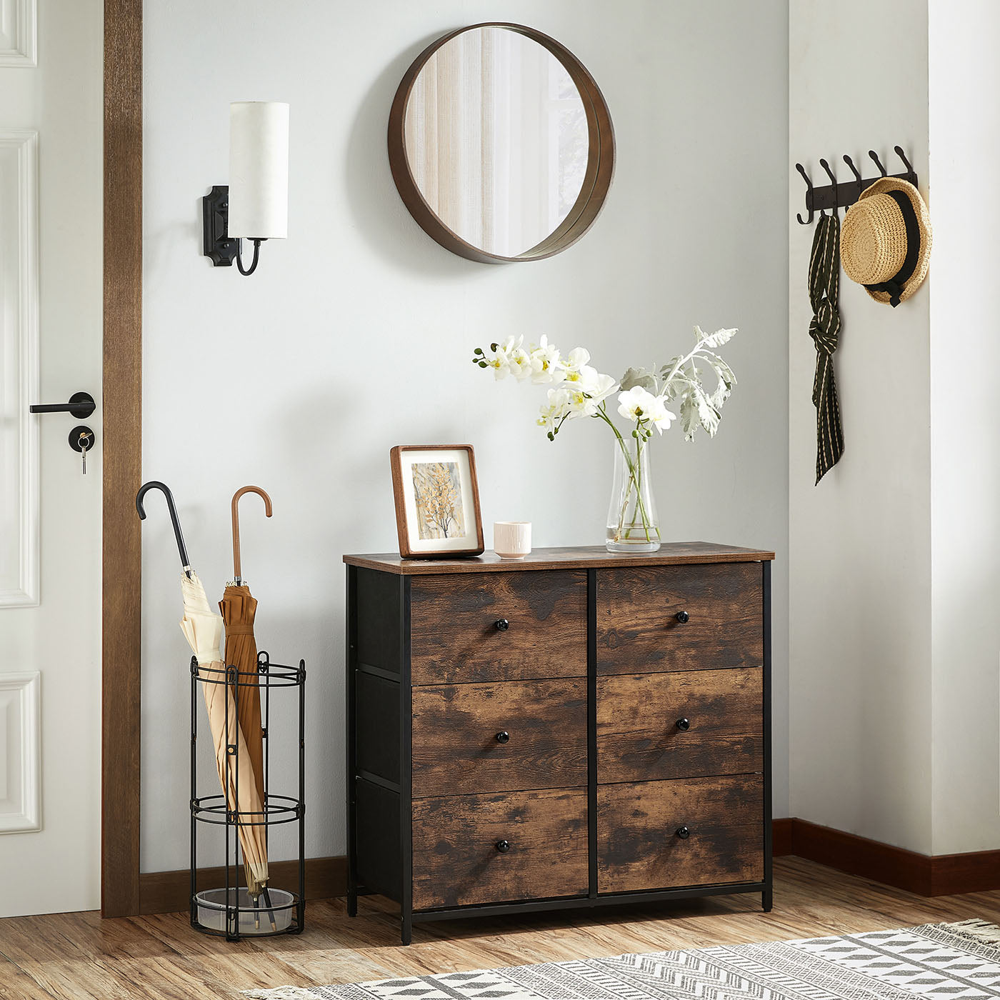 Chest of Drawers – Fabric and Metal – Rustic Brown and Black – 6 Drawers Storage Organizer Unit