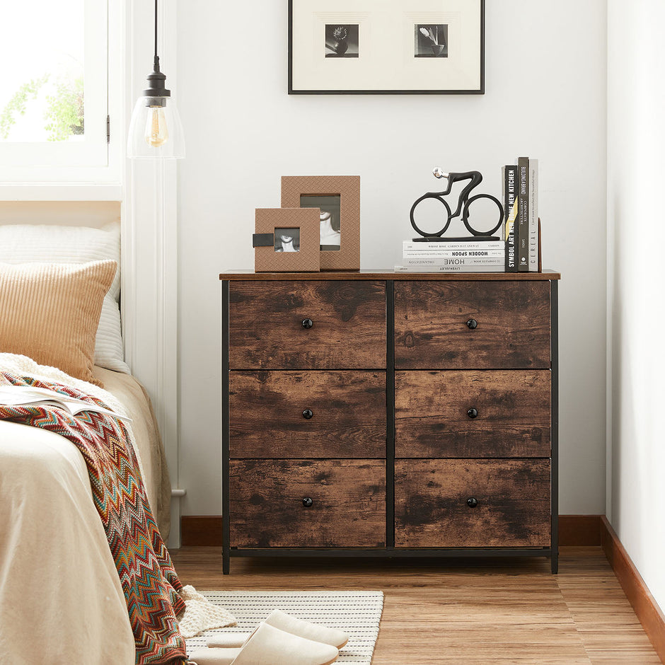 Chest of Drawers – Fabric and Metal – Rustic Brown and Black – 6 Drawers Storage Organizer Unit