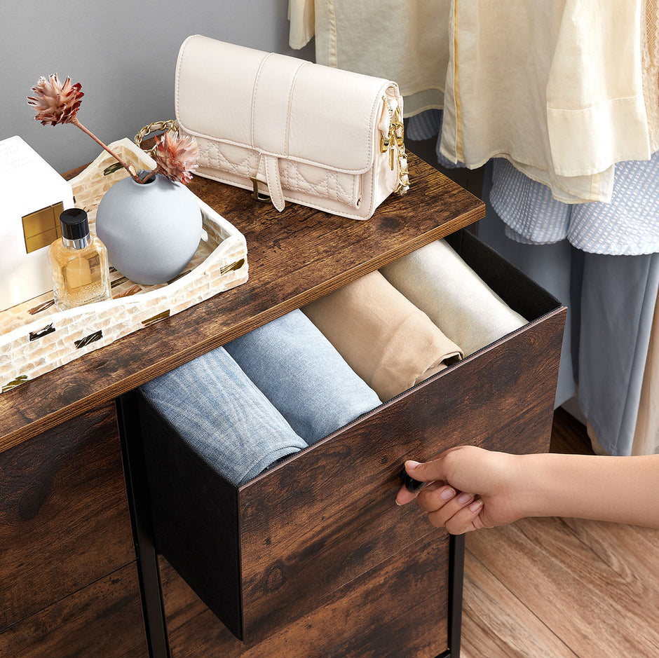 Chest of Drawers – Fabric and Metal – Rustic Brown and Black – 6 Drawers Storage Organizer Unit