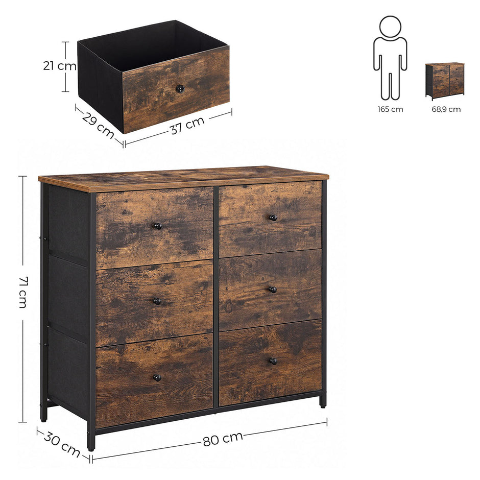 Chest of Drawers – Fabric and Metal – Rustic Brown and Black – 6 Drawers Storage Organizer Unit