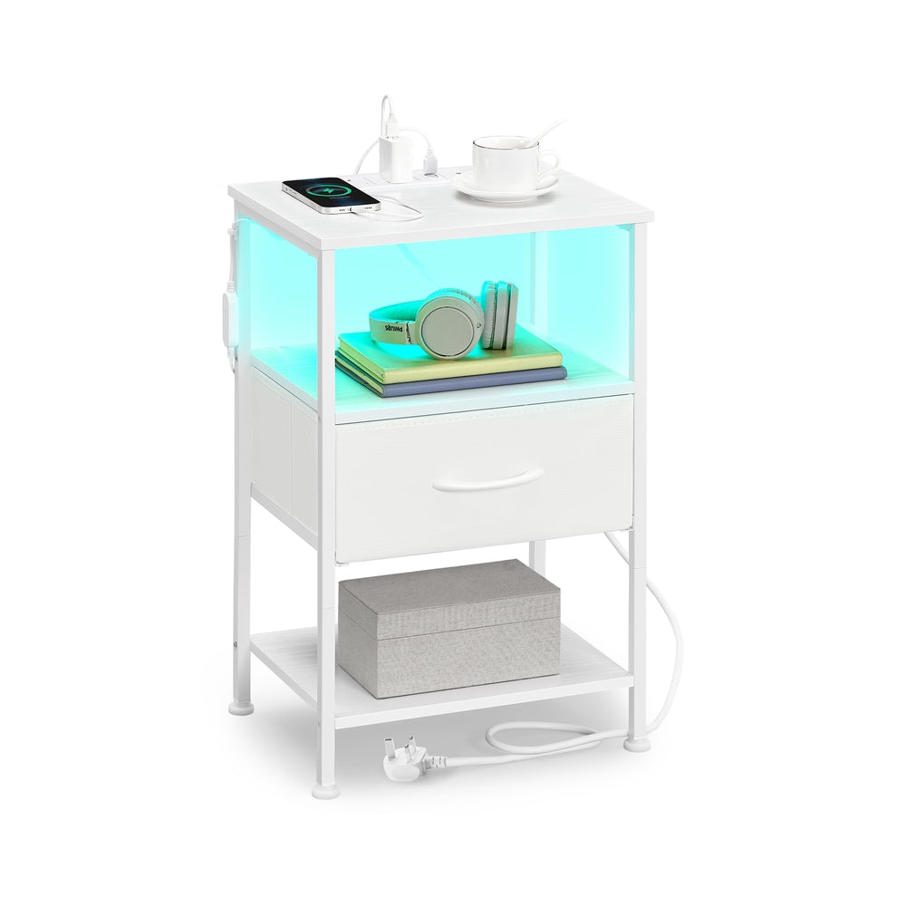 Bedside Table – Wood – Cloud White and Snow White – with Charging Station and LED Lights