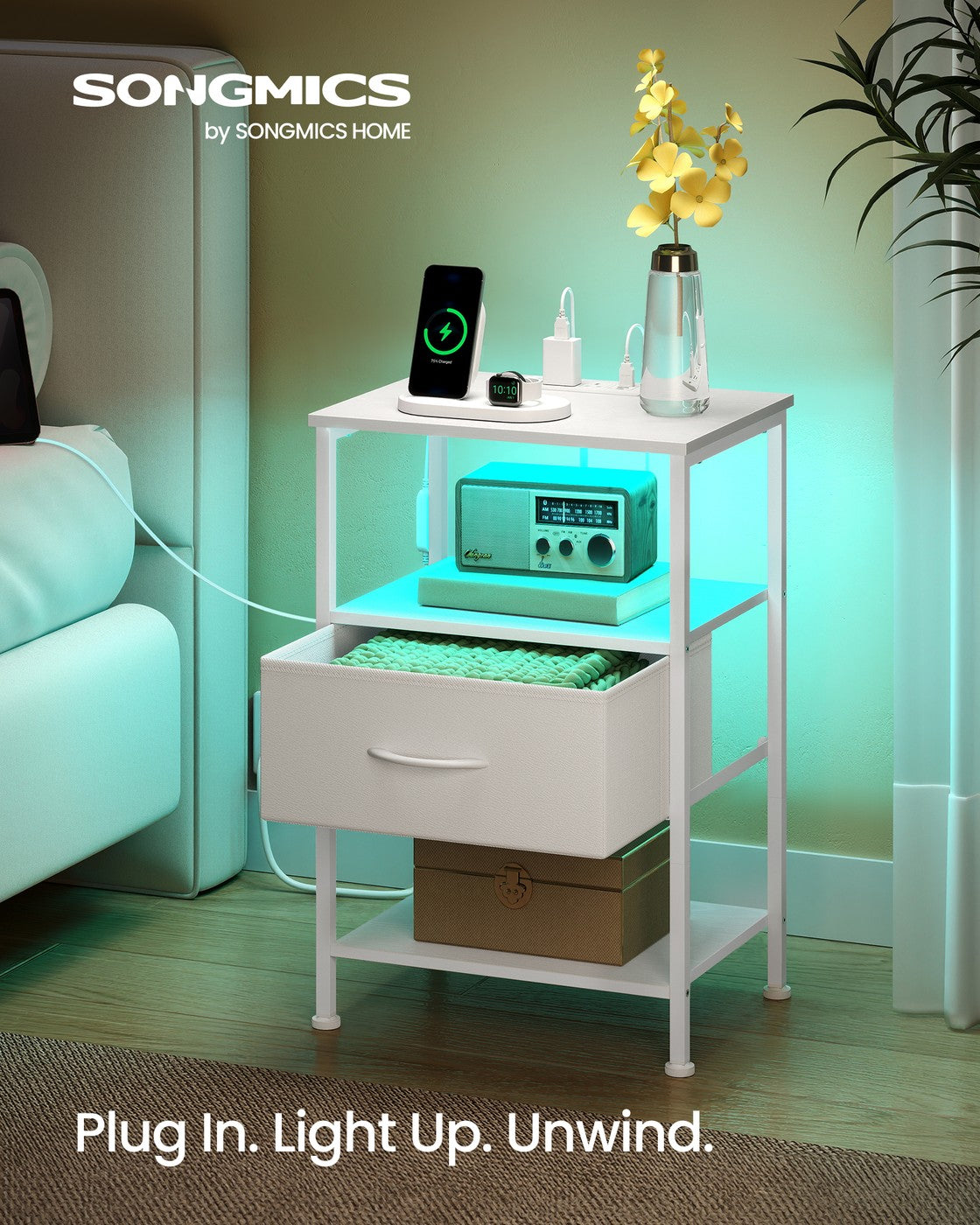 Bedside Table – Wood – Cloud White and Snow White – with Charging Station and LED Lights