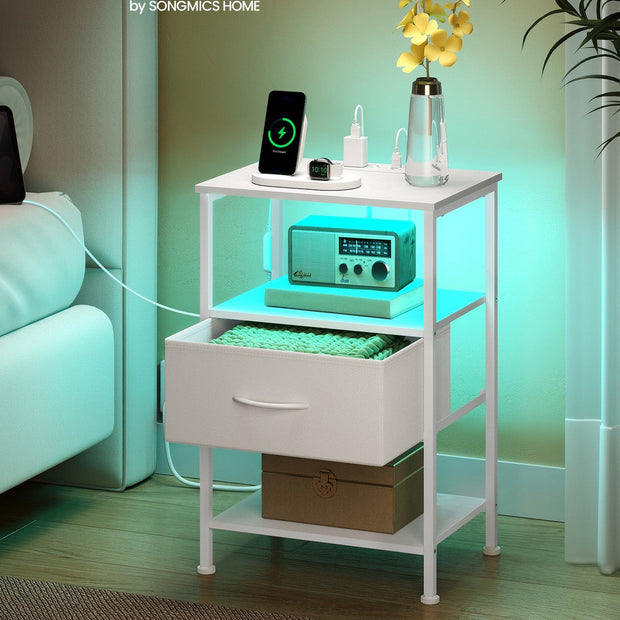 Bedside Table – Wood – Cloud White and Snow White – with Charging Station and LED Lights