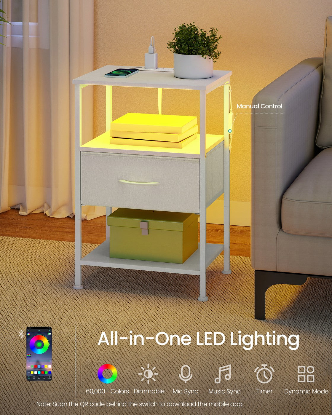 Bedside Table – Wood – Cloud White and Snow White – with Charging Station and LED Lights
