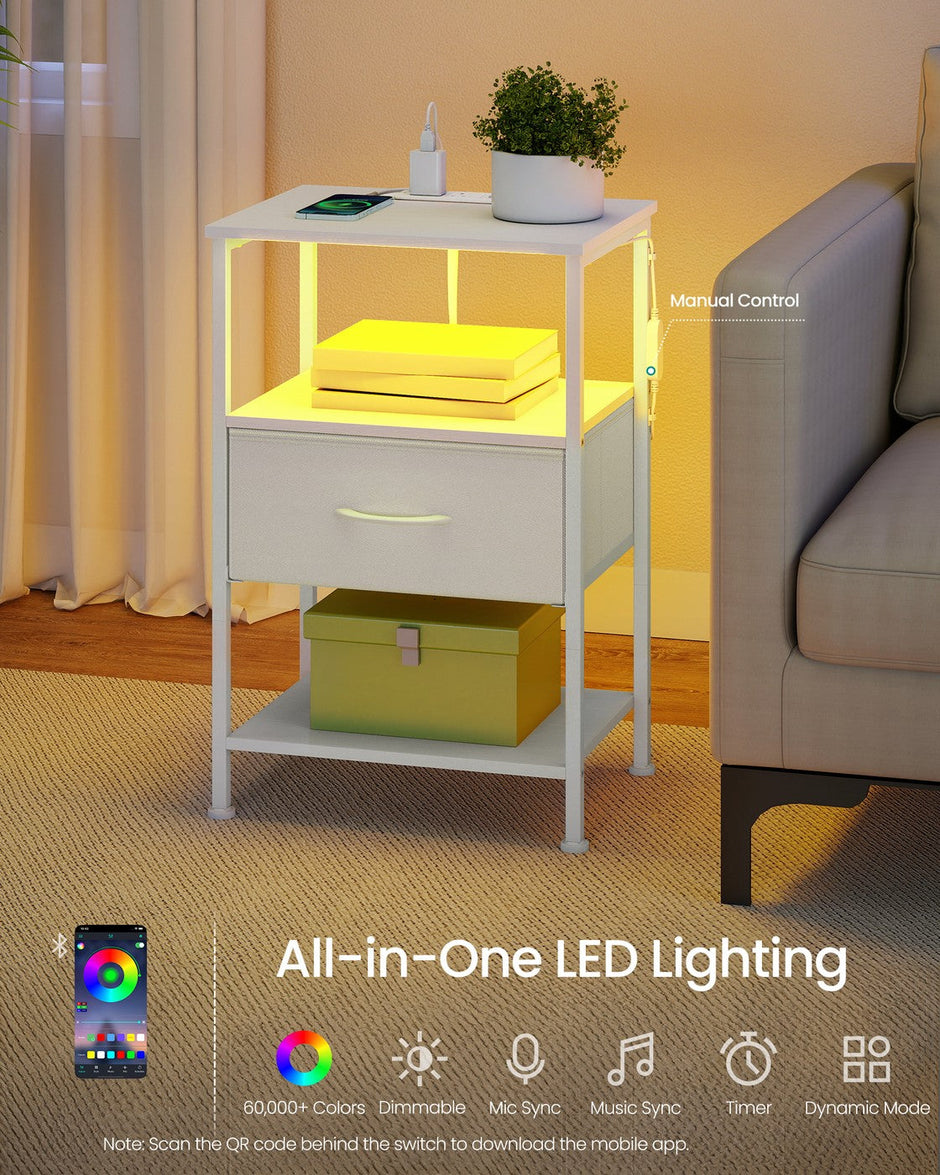 Bedside Table – Wood – Cloud White and Snow White – with Charging Station and LED Lights