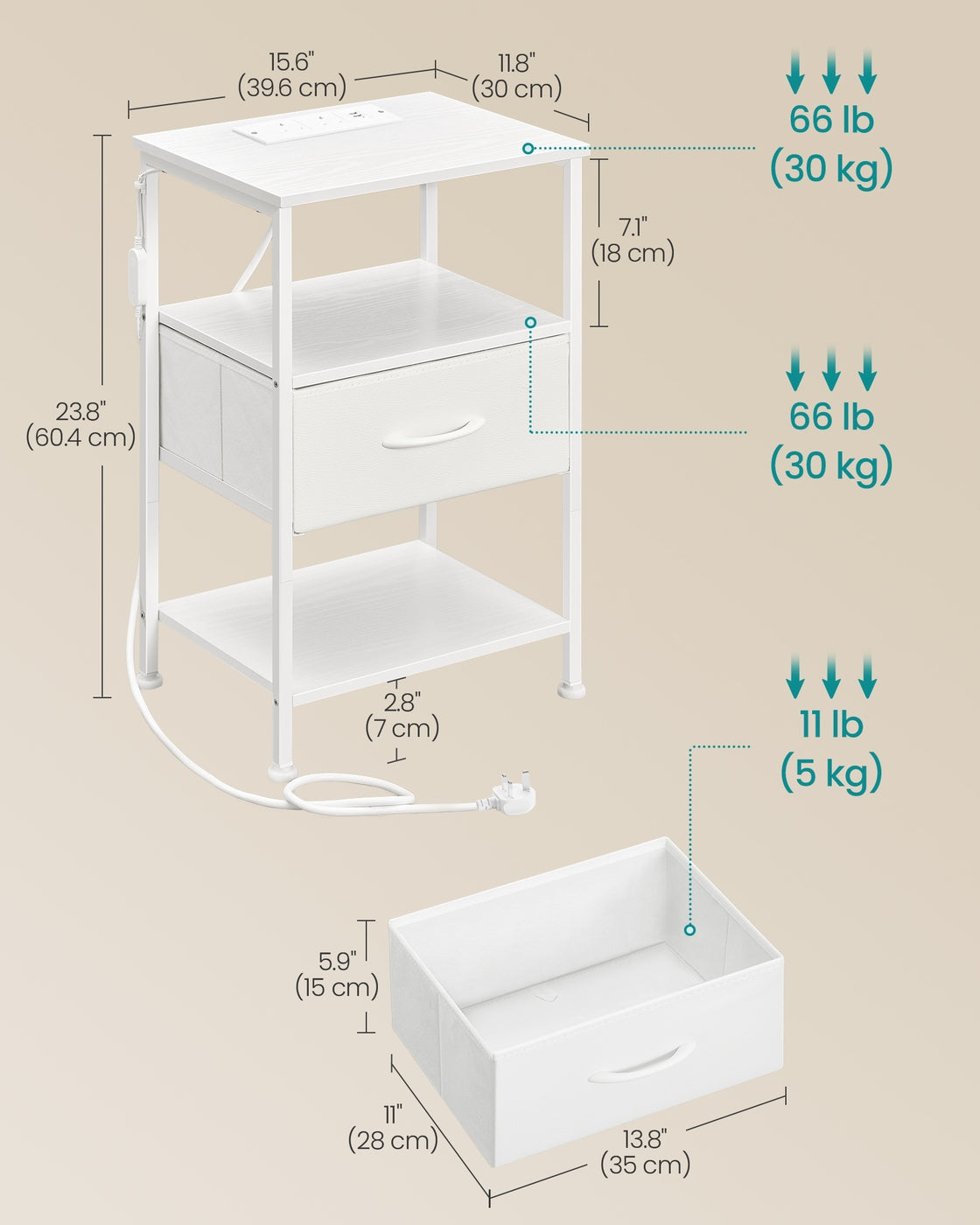 Bedside Table – Wood – Cloud White and Snow White – with Charging Station and LED Lights