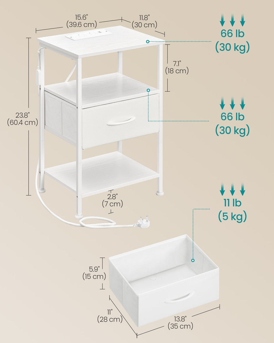 Bedside Table – Wood – Cloud White and Snow White – with Charging Station and LED Lights