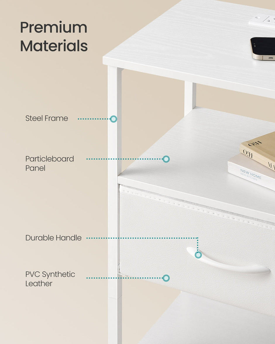 Bedside Table – Wood – Cloud White and Snow White – with Charging Station and LED Lights