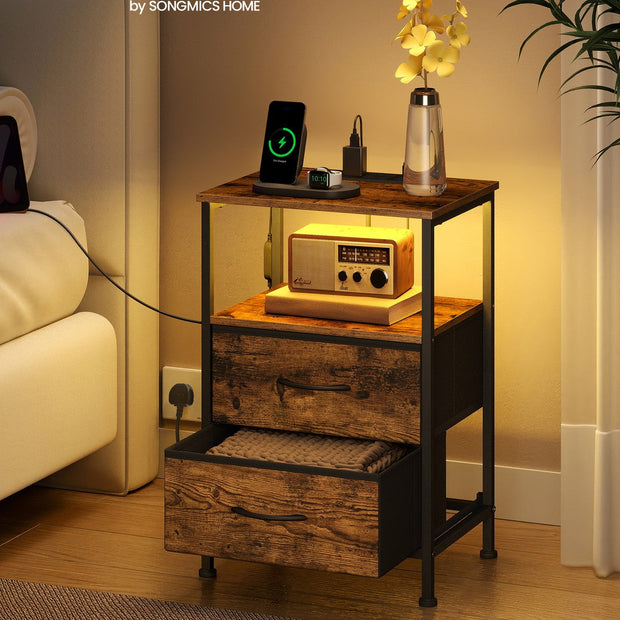 Bedside Table – Wood – Cloud White and Snow White – with Charging Station and LED Lights