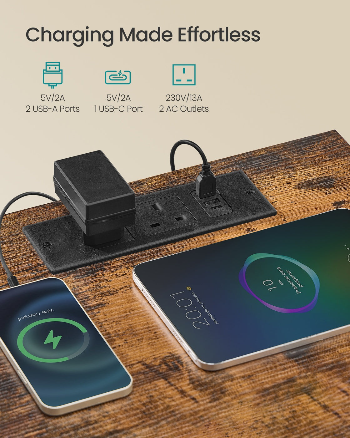 Bedside Table – Wood – Cloud White and Snow White – with Charging Station and LED Lights