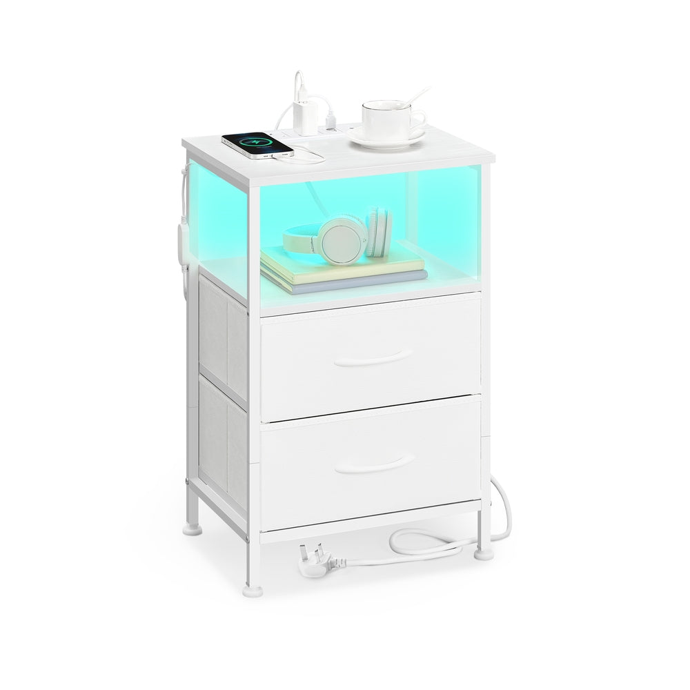 Bedside Table – Wood – Cloud White and Snow White – with Charging Station and LED Lights
