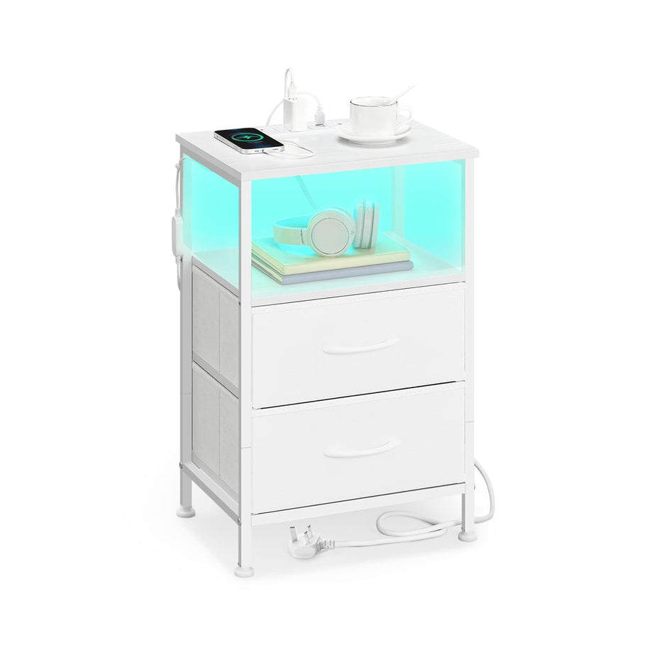 Bedside Table – Wood – Cloud White and Snow White – with Charging Station and LED Lights