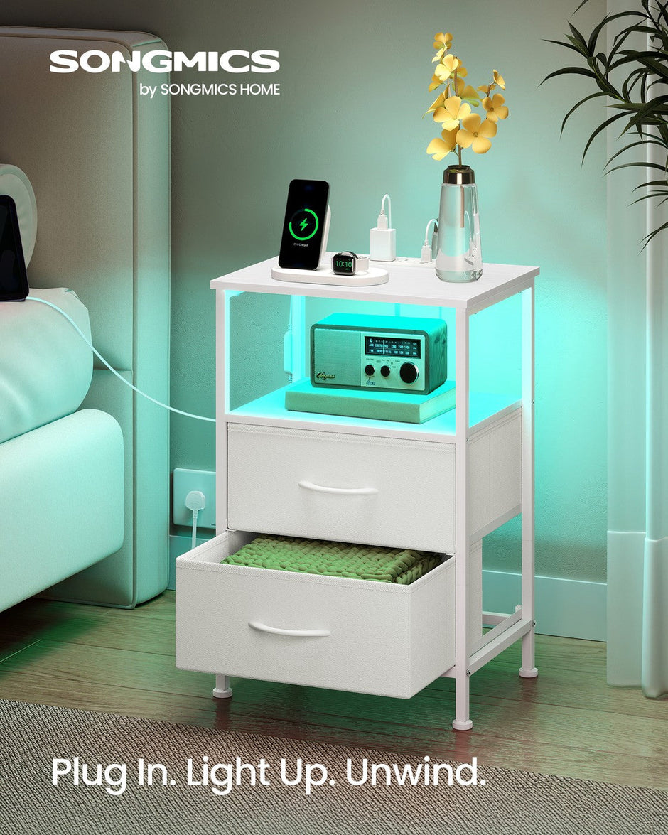 Bedside Table – Wood – Cloud White and Snow White – with Charging Station and LED Lights