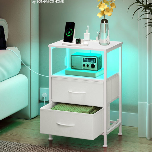 Bedside Table – Wood – Cloud White and Snow White – with Charging Station and LED Lights