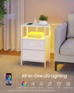 Bedside Table – Wood – Cloud White and Snow White – with Charging Station and LED Lights