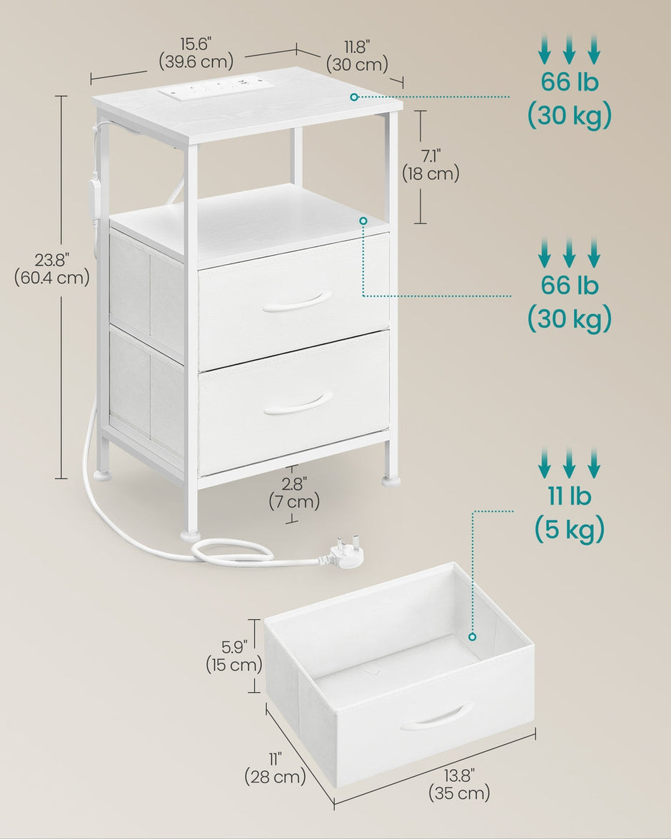 Bedside Table – Wood – Cloud White and Snow White – with Charging Station and LED Lights