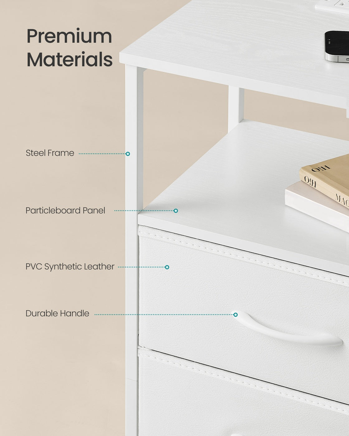 Bedside Table – Wood – Cloud White and Snow White – with Charging Station and LED Lights