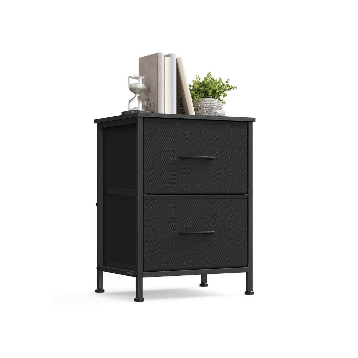 2-Drawer Bedside Table – MDF and Steel – Ink Black and Ebony Black – Non-Woven Fabric Storage Drawers