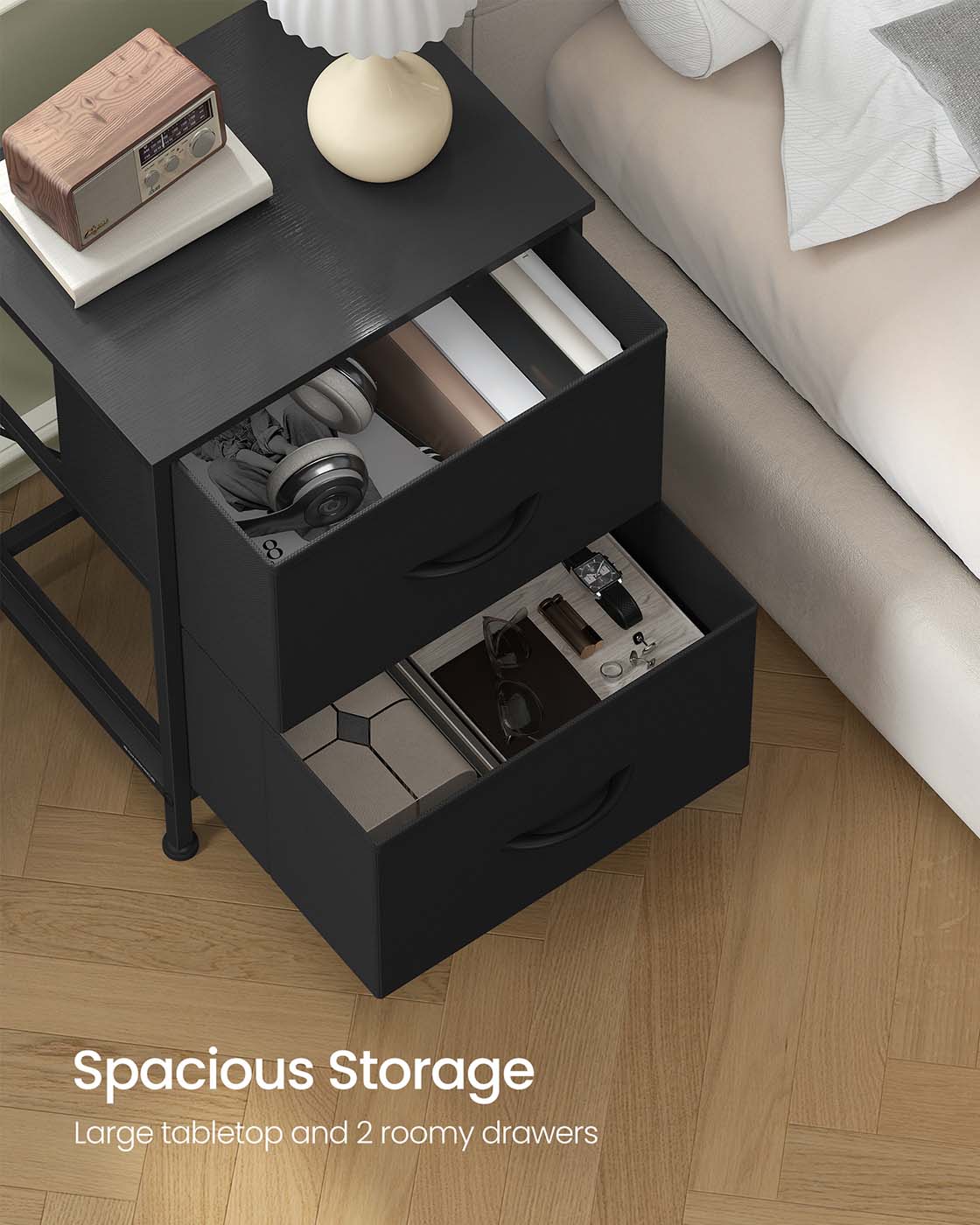 2-Drawer Bedside Table – MDF and Steel – Ink Black and Ebony Black – Non-Woven Fabric Storage Drawers