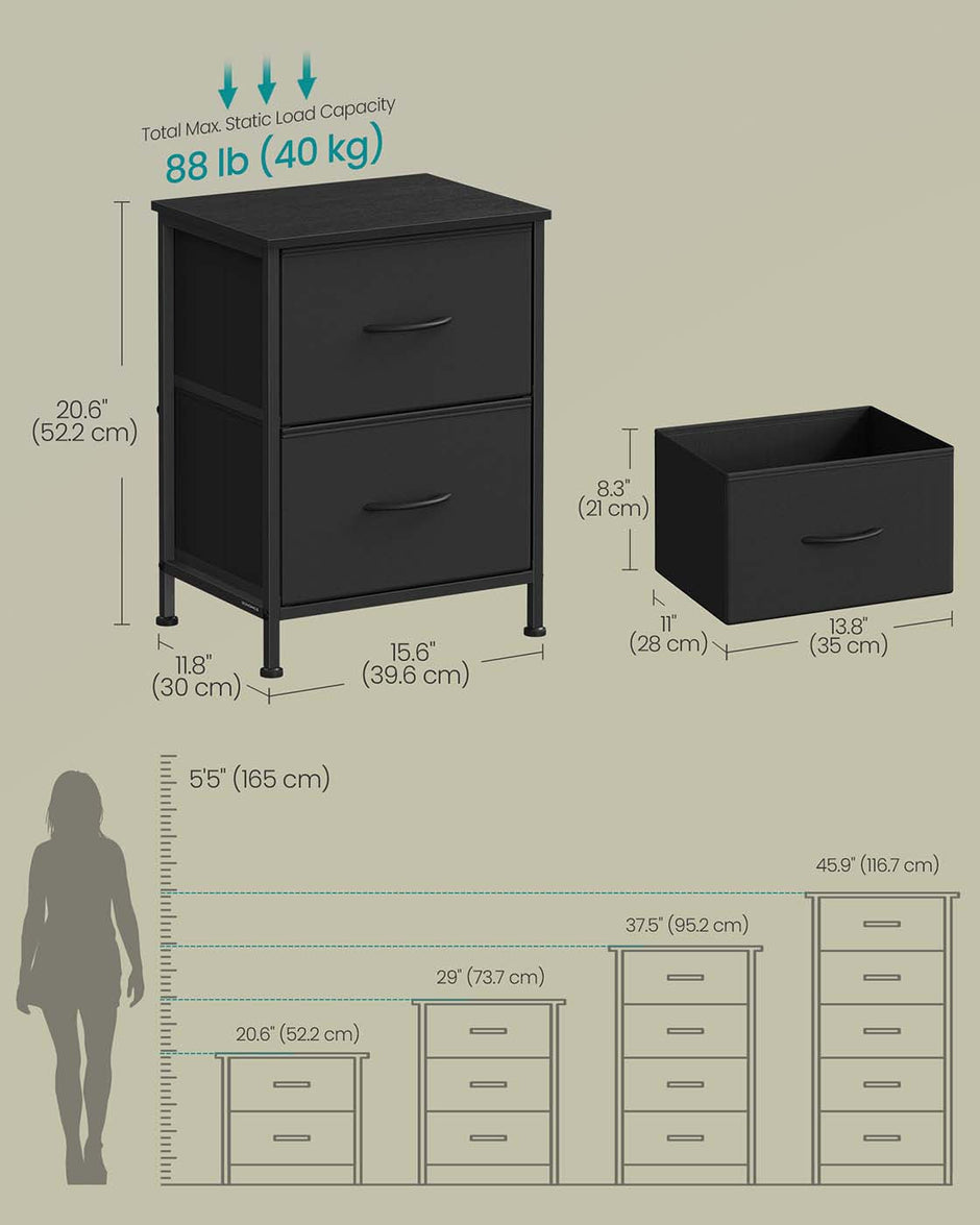 2-Drawer Bedside Table – MDF and Steel – Ink Black and Ebony Black – Non-Woven Fabric Storage Drawers