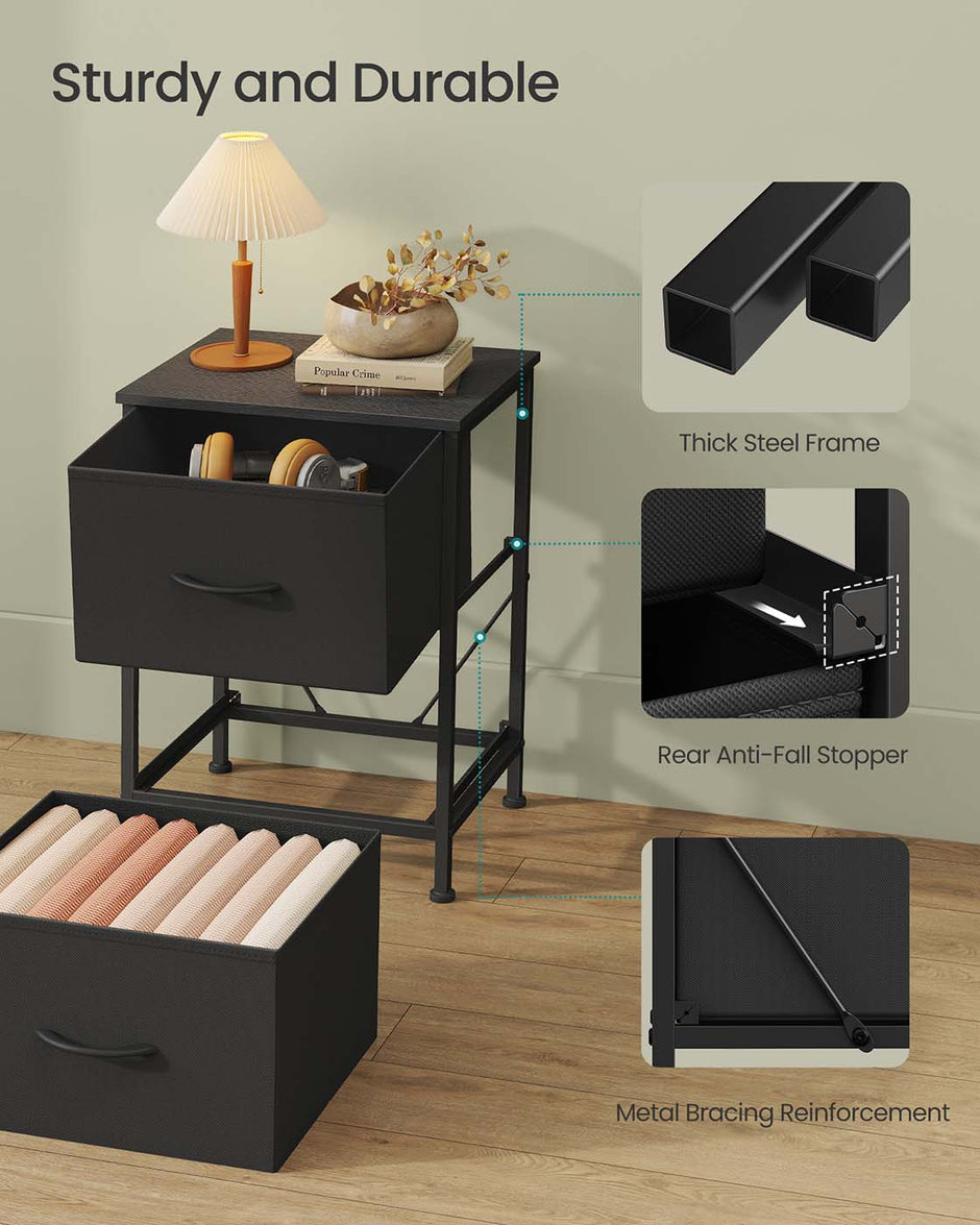 2-Drawer Bedside Table – MDF and Steel – Ink Black and Ebony Black – Non-Woven Fabric Storage Drawers