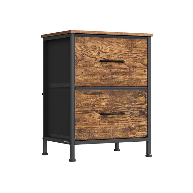 2-Drawer Bedside Table – MDF and Steel – Ink Black and Ebony Black – Non-Woven Fabric Storage Drawers