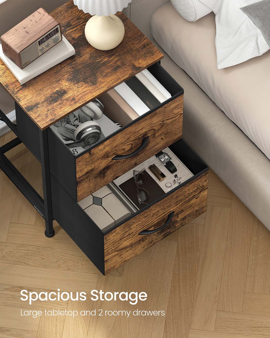 2-Drawer Bedside Table – MDF and Steel – Ink Black and Ebony Black – Non-Woven Fabric Storage Drawers
