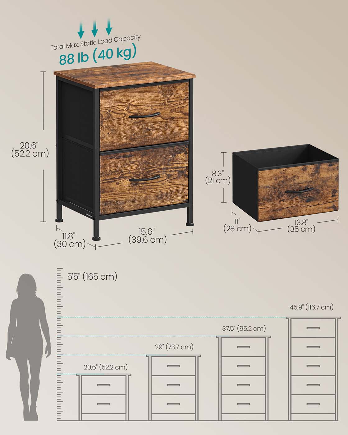 2-Drawer Bedside Table – MDF and Steel – Ink Black and Ebony Black – Non-Woven Fabric Storage Drawers