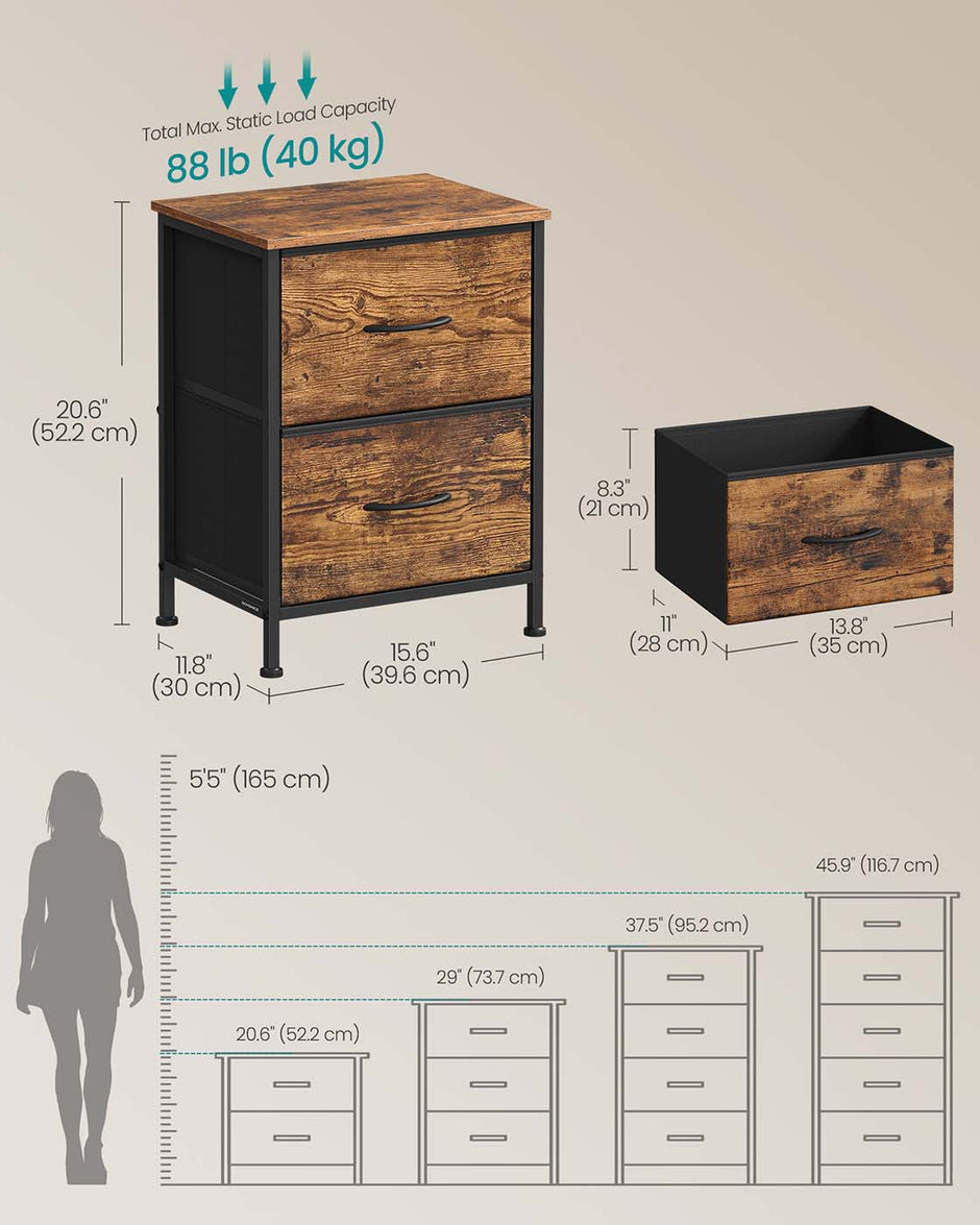 2-Drawer Bedside Table – MDF and Steel – Ink Black and Ebony Black – Non-Woven Fabric Storage Drawers