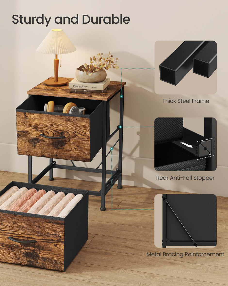 2-Drawer Bedside Table – MDF and Steel – Ink Black and Ebony Black – Non-Woven Fabric Storage Drawers