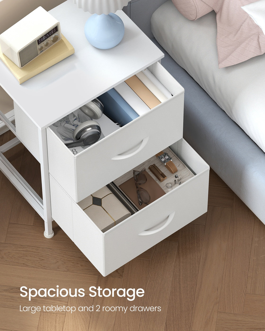 Bedside Table – MDF and Steel – Cloud White and Snow White – 2 Non-Woven Fabric Drawers
