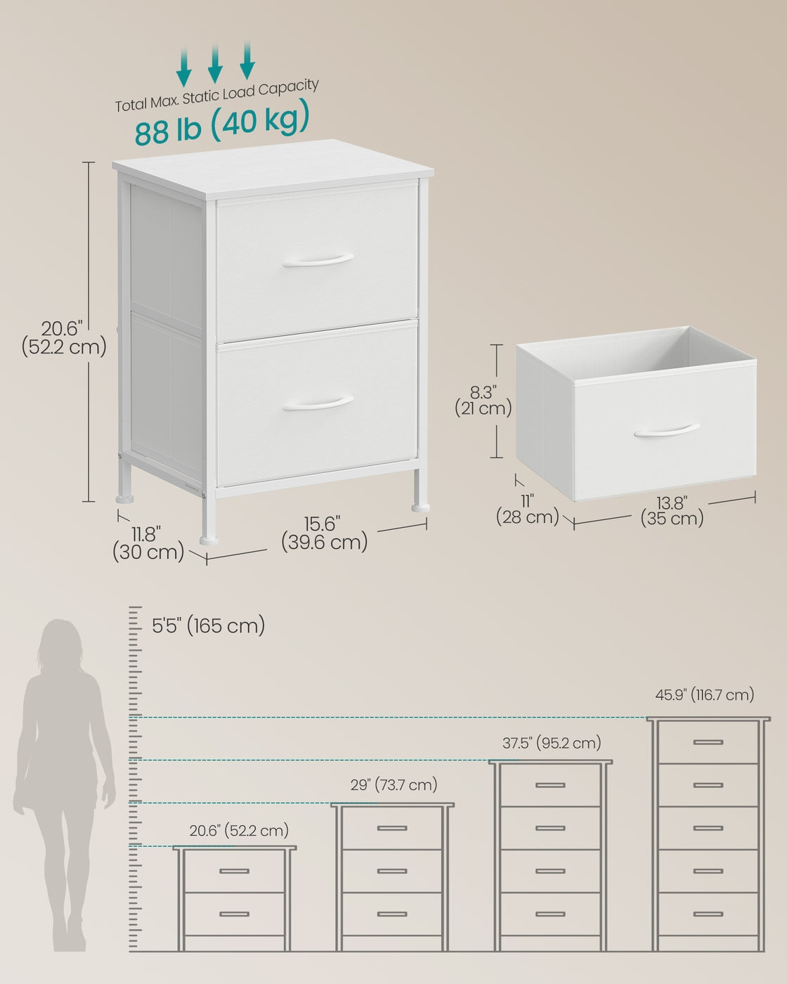 Bedside Table – MDF and Steel – Cloud White and Snow White – 2 Non-Woven Fabric Drawers