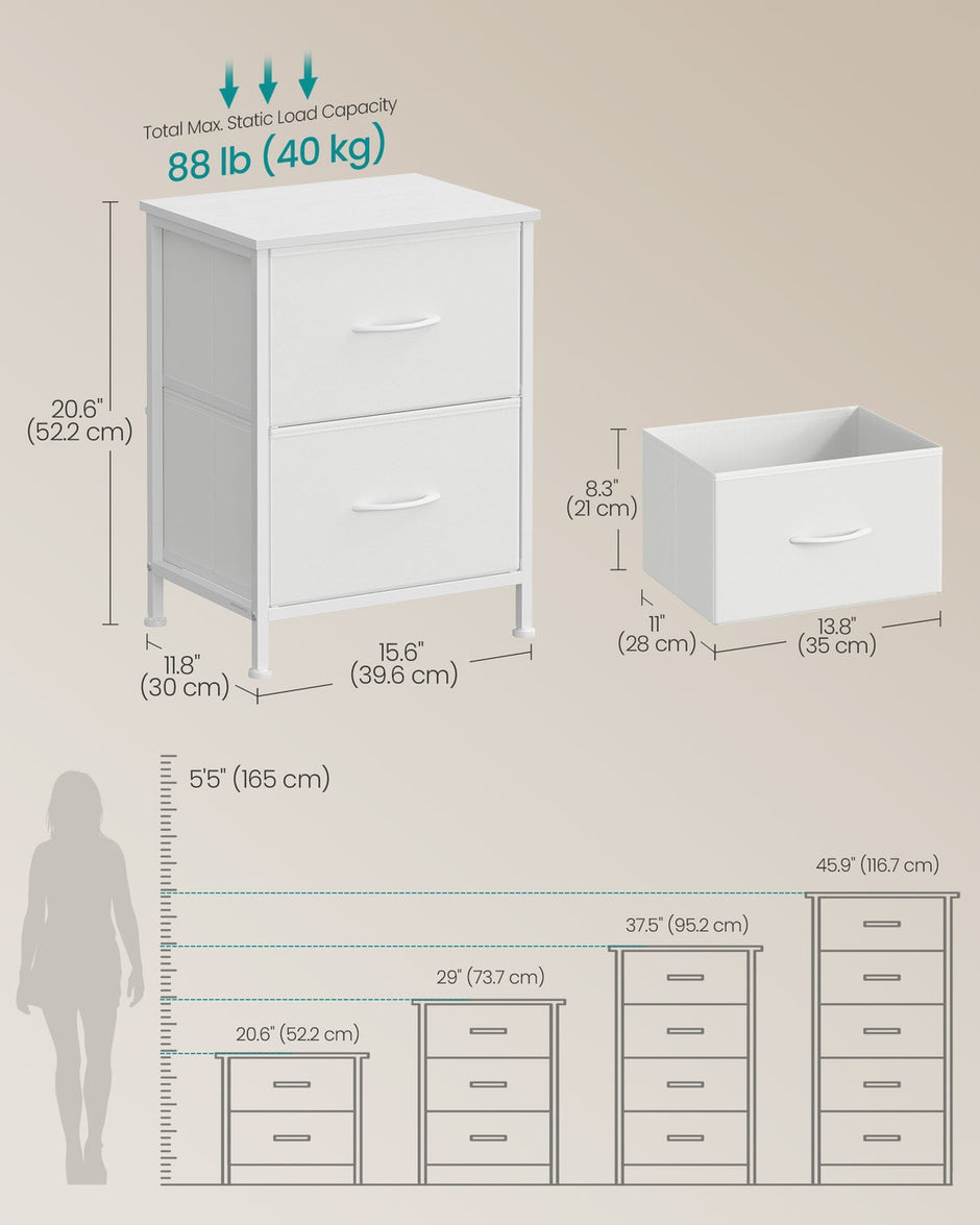 Bedside Table – MDF and Steel – Cloud White and Snow White – 2 Non-Woven Fabric Drawers