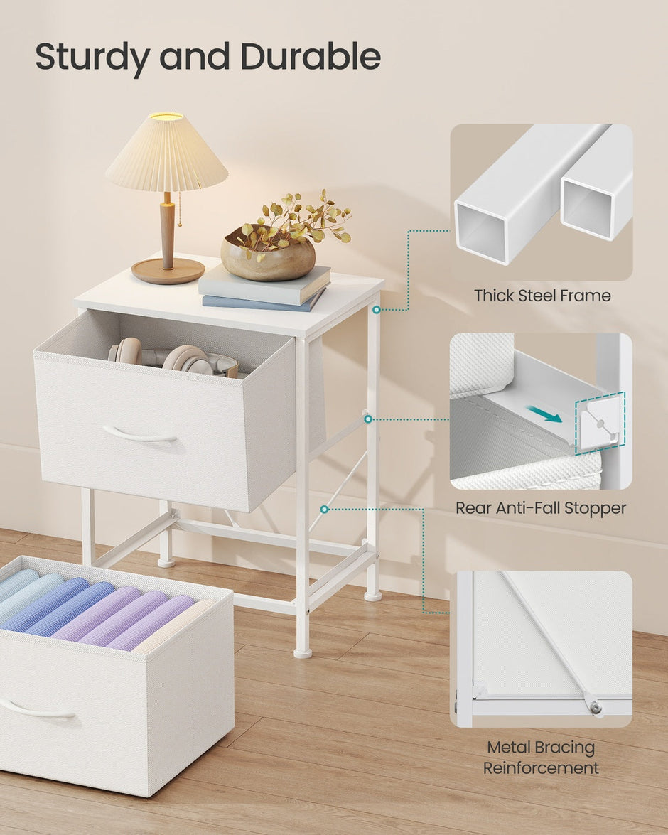 Bedside Table – MDF and Steel – Cloud White and Snow White – 2 Non-Woven Fabric Drawers
