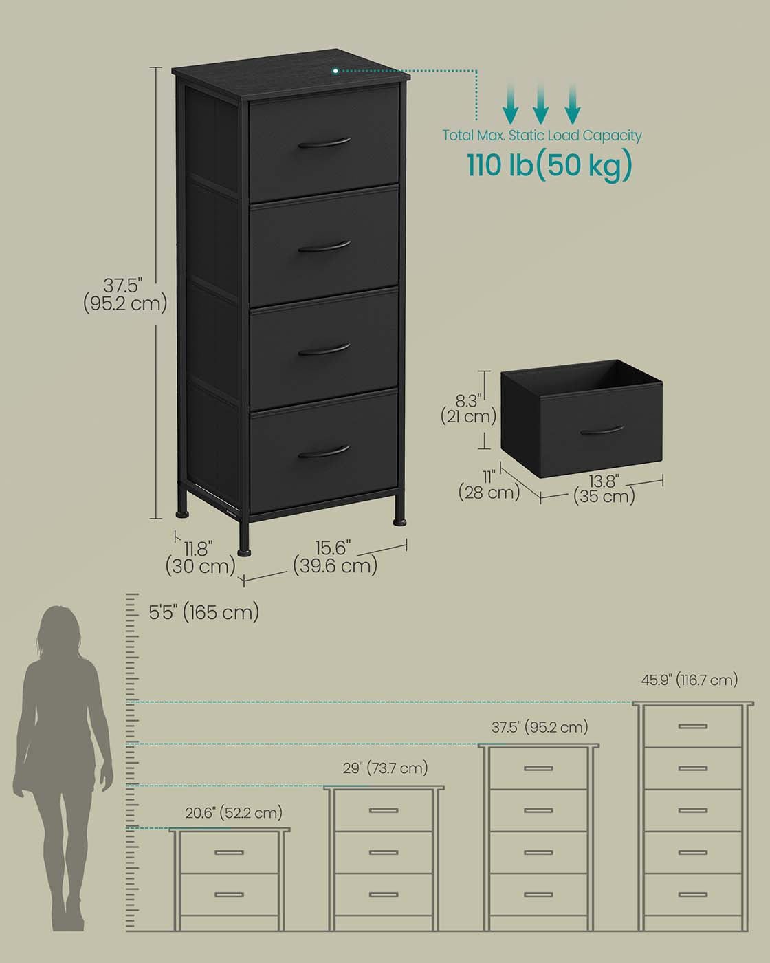 4-Drawer Chest – Steel and MDF – Ink Black and Ebony Black – Versatile Fabric Storage