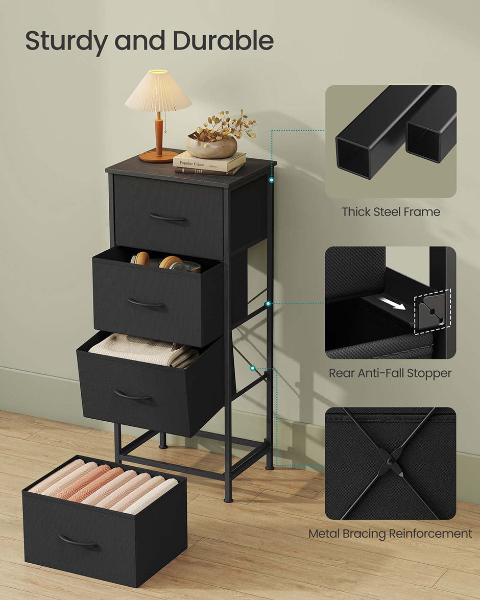 4-Drawer Chest – Steel and MDF – Ink Black and Ebony Black – Versatile Fabric Storage