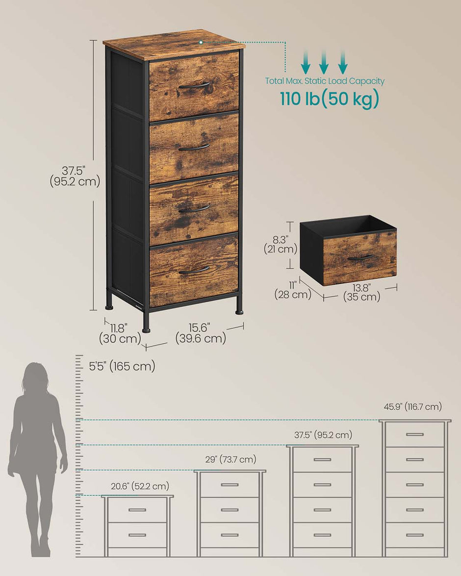 4-Drawer Chest – Steel and MDF – Ink Black and Ebony Black – Versatile Fabric Storage