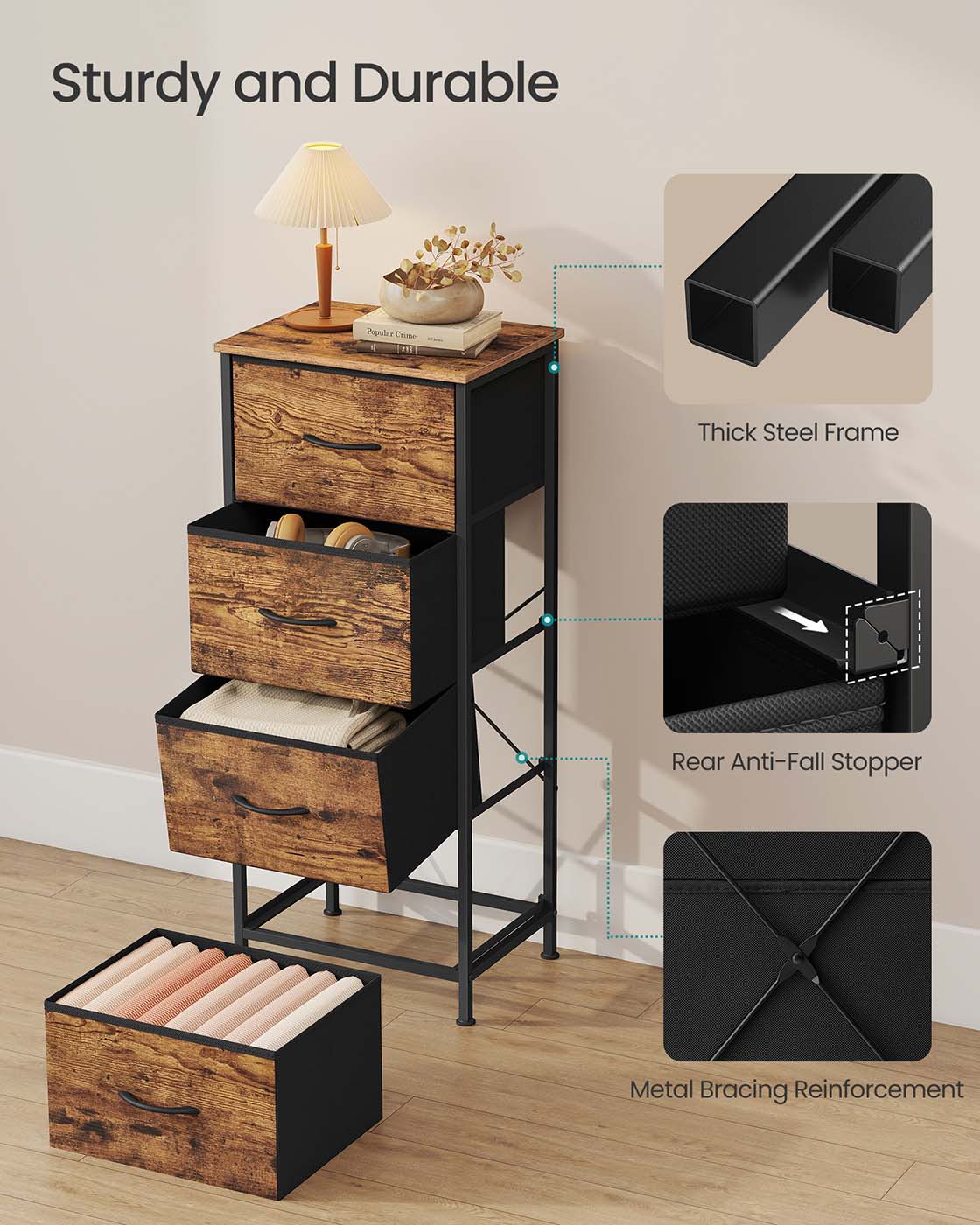 4-Drawer Chest – Steel and MDF – Ink Black and Ebony Black – Versatile Fabric Storage