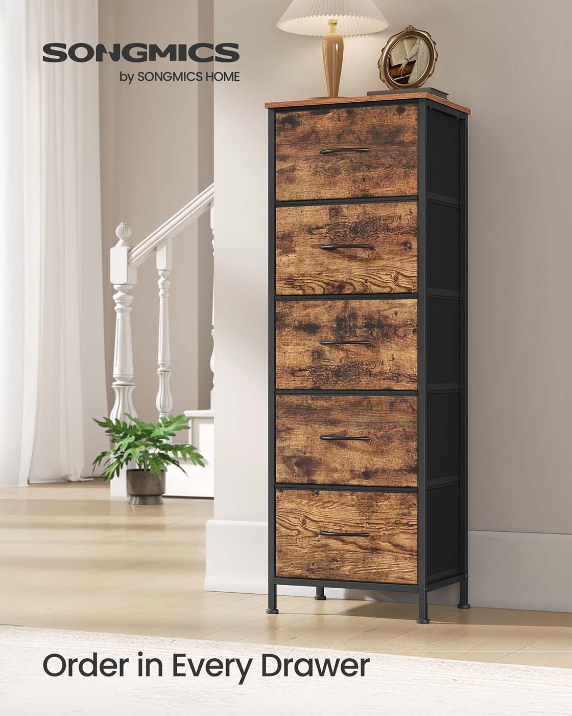 5-Drawer Chest – Steel and MDF – Ink Black and Ebony Black – Versatile Fabric Storage