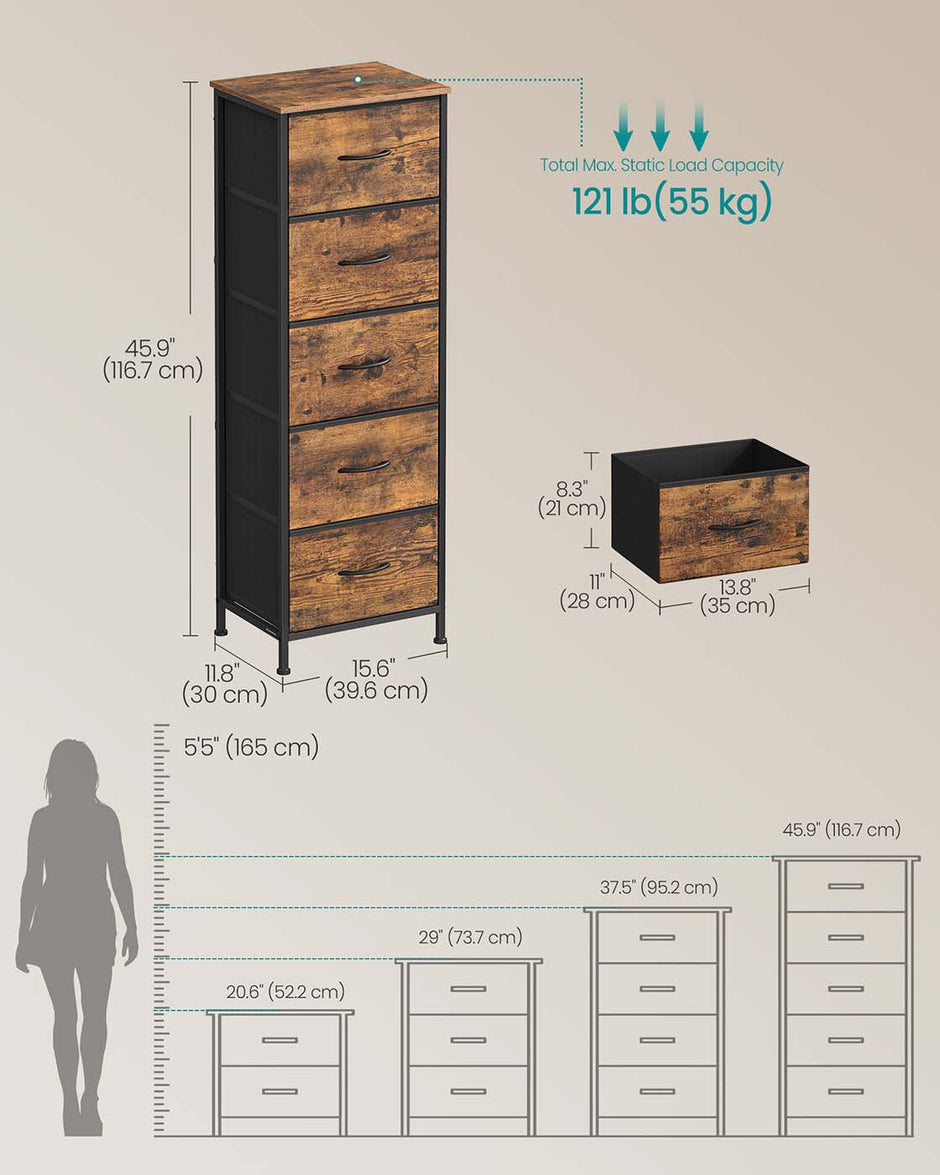 5-Drawer Chest – Steel and MDF – Ink Black and Ebony Black – Versatile Fabric Storage