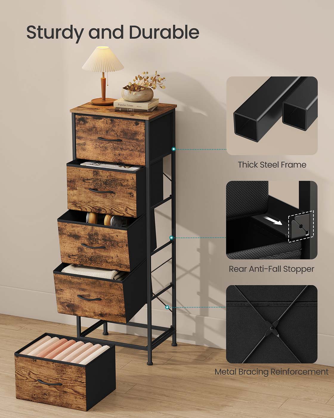 5-Drawer Chest – Steel and MDF – Ink Black and Ebony Black – Versatile Fabric Storage