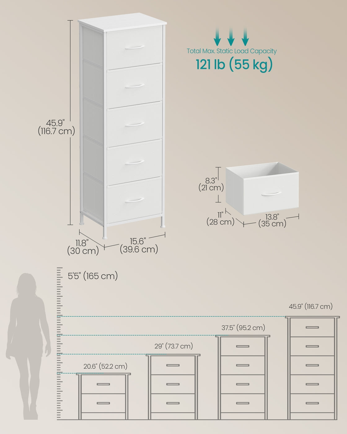 Storage Unit – Fabric and MDF – Ink Black and Ebony Black – 5 Drawers