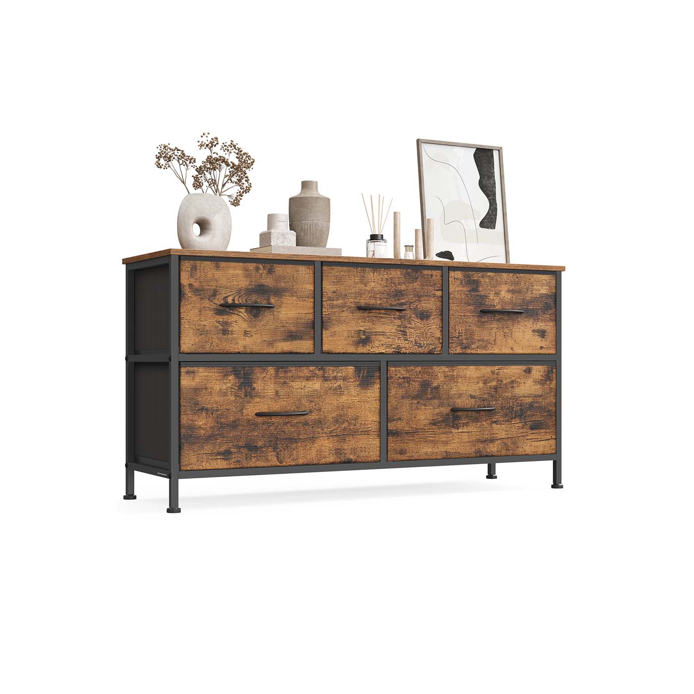 5-Drawer Chest – MDF and Steel – Rustic Brown and Ink Black – Versatile Fabric Storage Unit