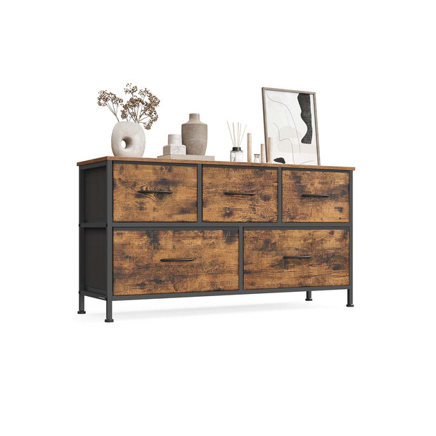 5-Drawer Chest – MDF and Steel – Rustic Brown and Ink Black – Versatile Fabric Storage Unit