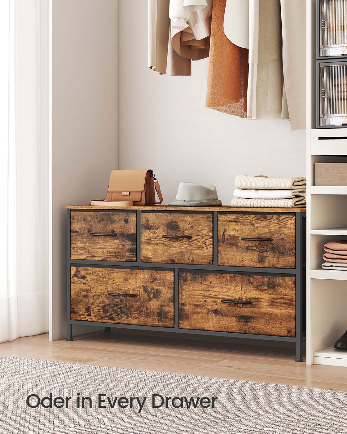 5-Drawer Chest – MDF and Steel – Rustic Brown and Ink Black – Versatile Fabric Storage Unit