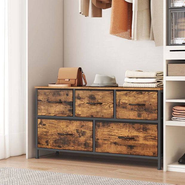 5-Drawer Chest – MDF and Steel – Rustic Brown and Ink Black – Versatile Fabric Storage Unit