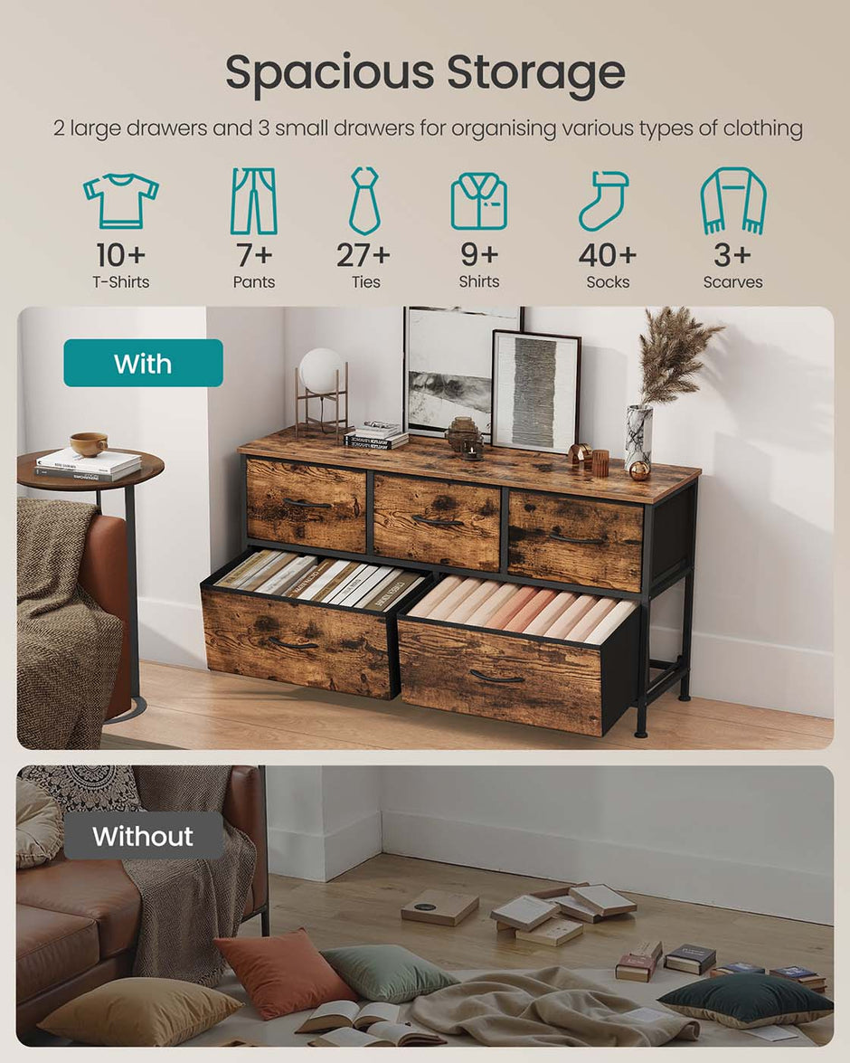 5-Drawer Chest – MDF and Steel – Rustic Brown and Ink Black – Versatile Fabric Storage Unit