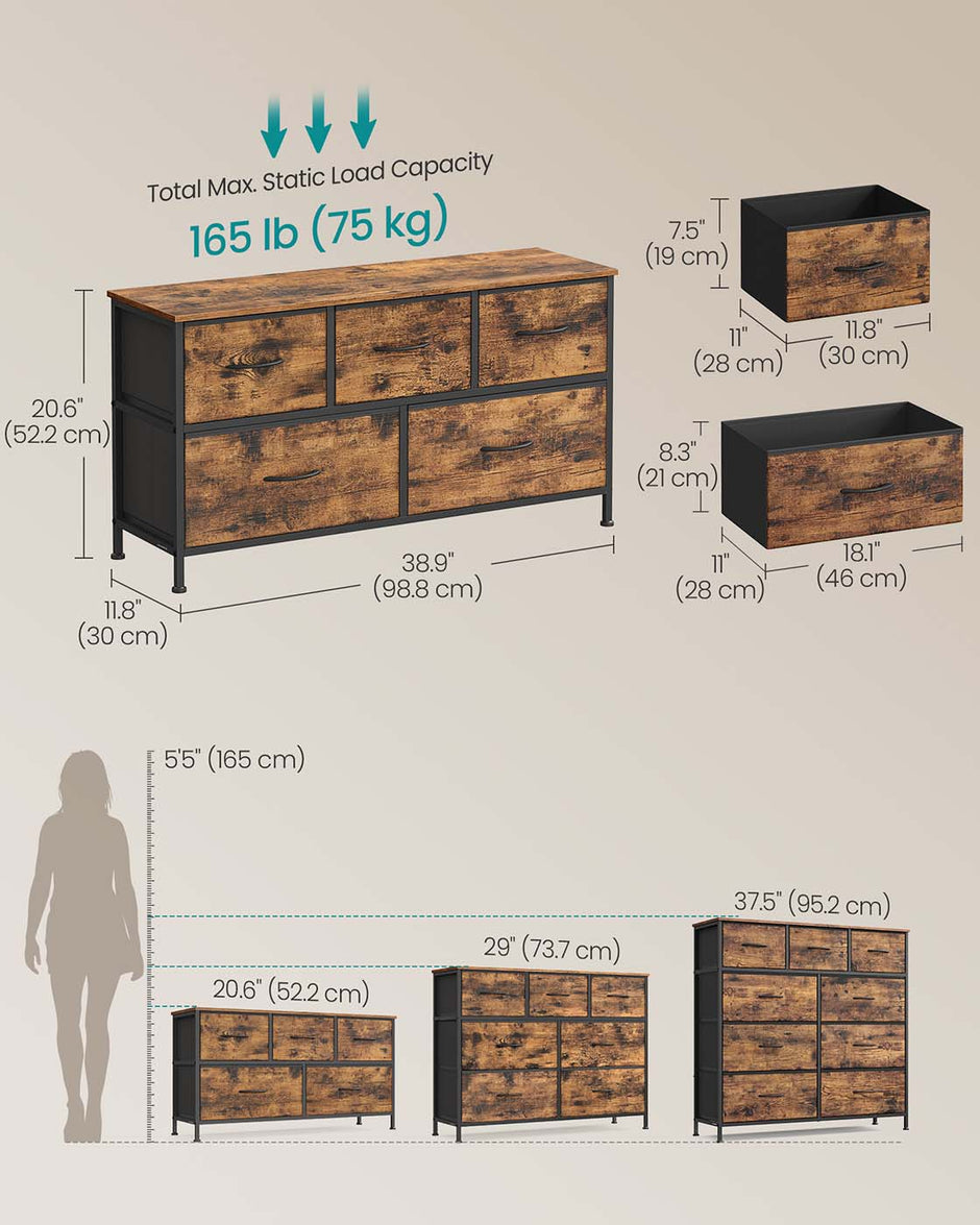 5-Drawer Chest – MDF and Steel – Rustic Brown and Ink Black – Versatile Fabric Storage Unit
