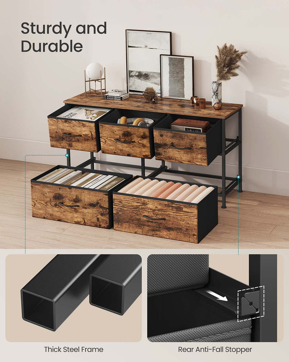 5-Drawer Chest – MDF and Steel – Rustic Brown and Ink Black – Versatile Fabric Storage Unit