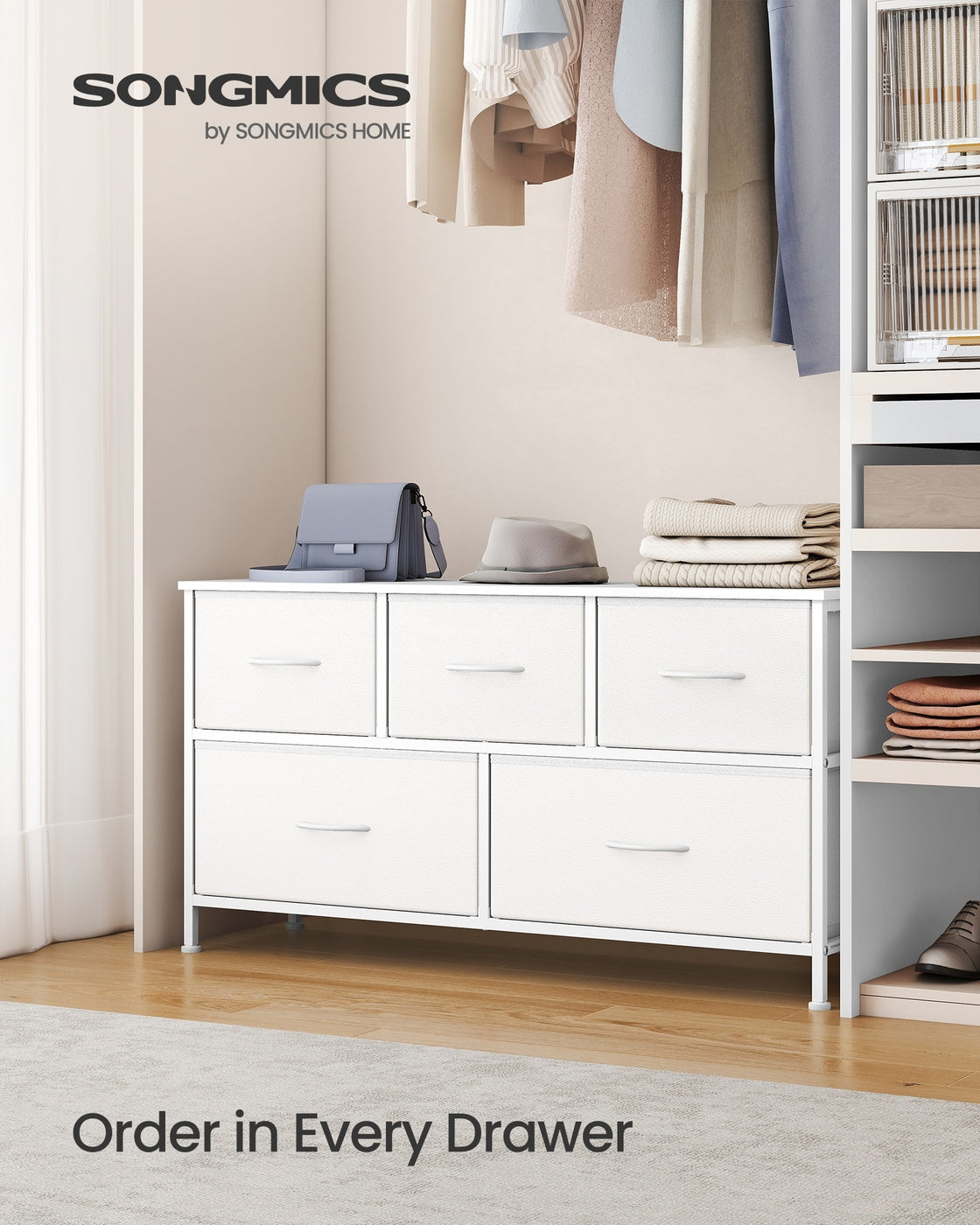 Chest of Drawers – Steel, MDF, Non-Woven Fabric – Rustic Brown and Ink Black – 5 Storage Drawers